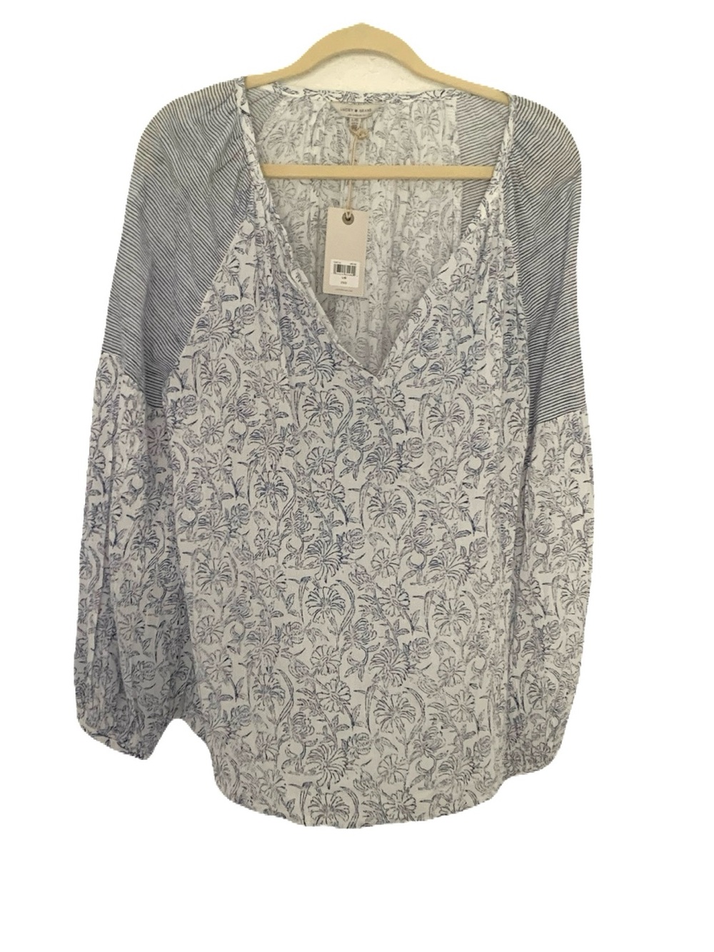 NEW Lucky Brand Blue White Large V-Neck Floral Stripe Mixed-Print Blouse Peasant